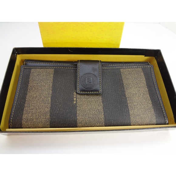 Fendi Zucca Wallet Brown‎ Black Canvas Leather Continental Bi Fold